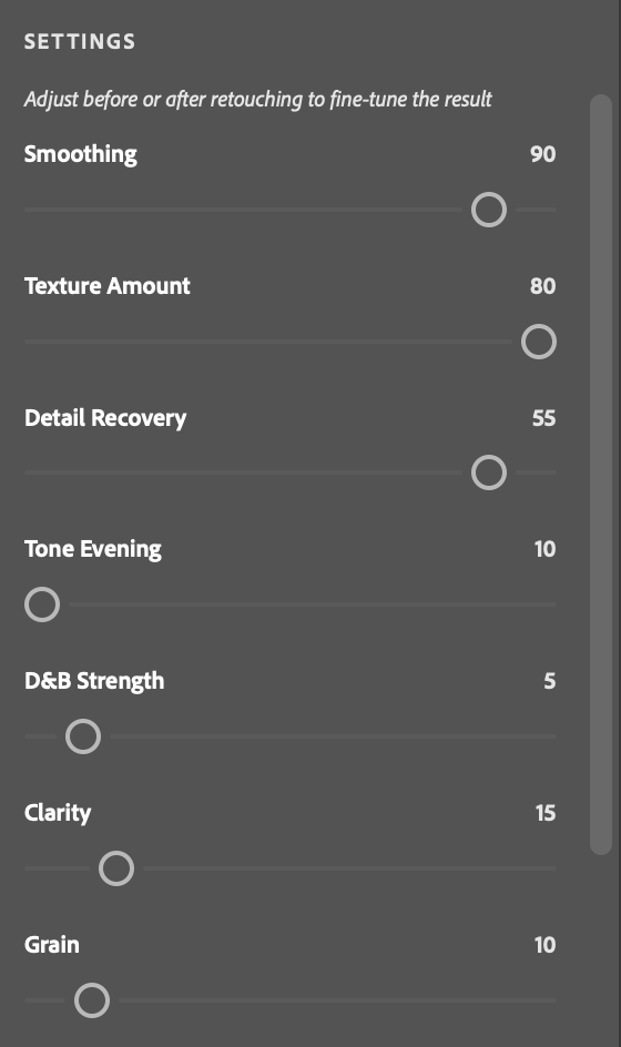 RetouchLab plugin panel - 7 adjustable parameters